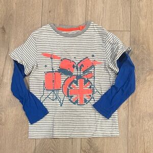 Mini Boden Gray Striped Shirt with Drum Print and Blue Sleeves